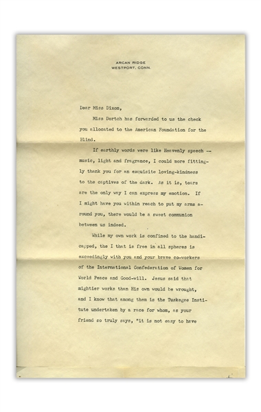 Helen Keller Letter Signed to the Tuskegee Institute -- ''...Having loved the colored folk since my childhood, I still suffer with them...''